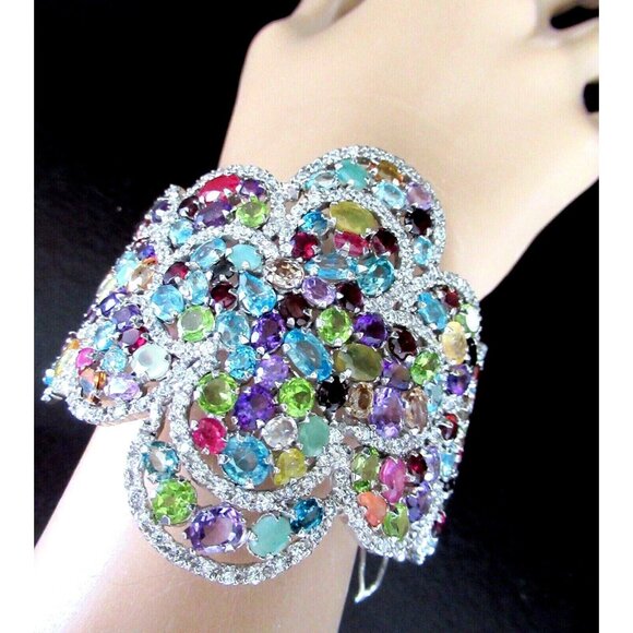 Sterling Silver 925 Genuine Gemstone MASSIVE High Quality Estate Bracelet - Picture 1 of 5